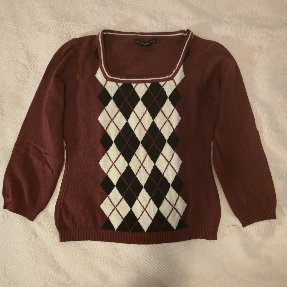 Bette Sung Square-Neck Argyle Sweater Checkered Top in Wine 3/4 Sleeves Size M